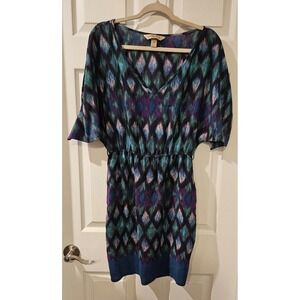 Presley Skye Silk Dress XS Batwing Sleeve Shift Elastic Waist Mini Blue Purple